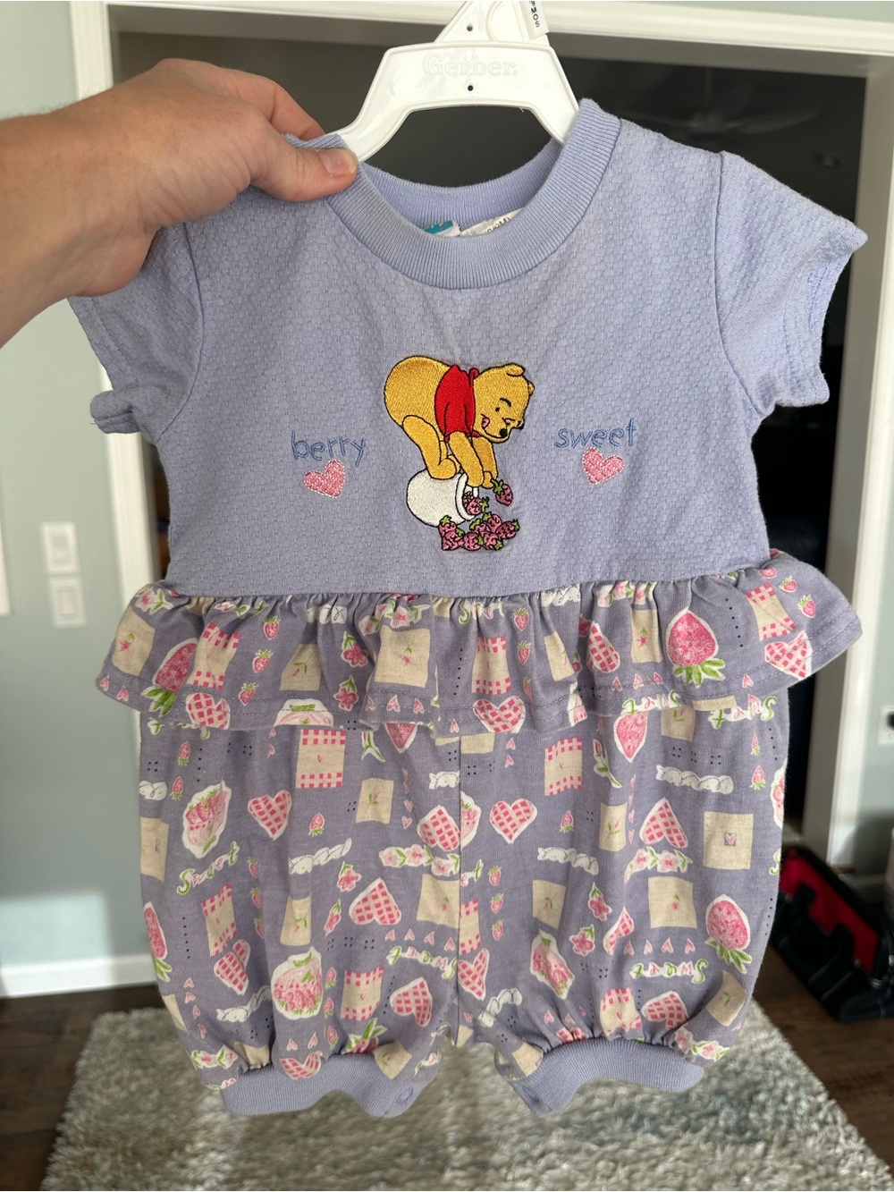 Vintage “Berry sweet” Winnie The Pooh Skirted Romper Size 6-9m Strawberry Hearts